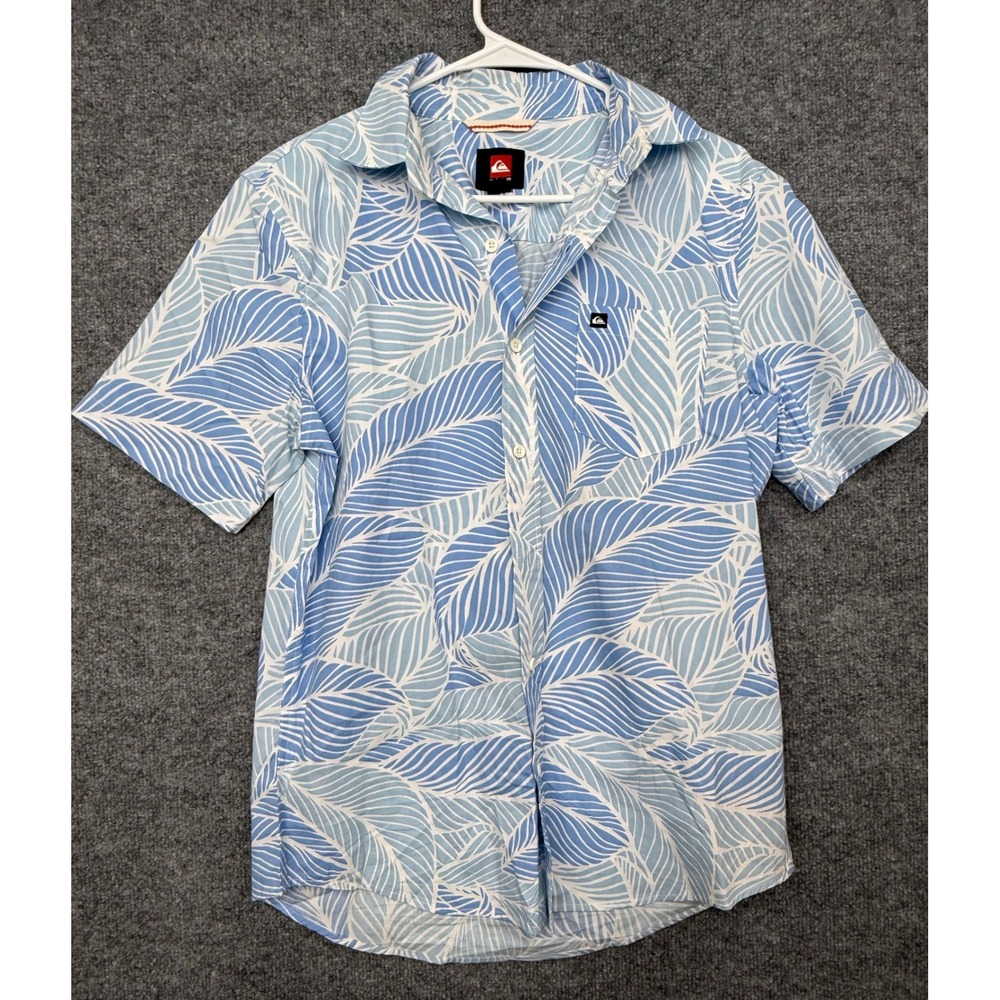 Quiksilver Mens Small Blue White Leaf Print Short Sleeve Button Down Surf Shirt